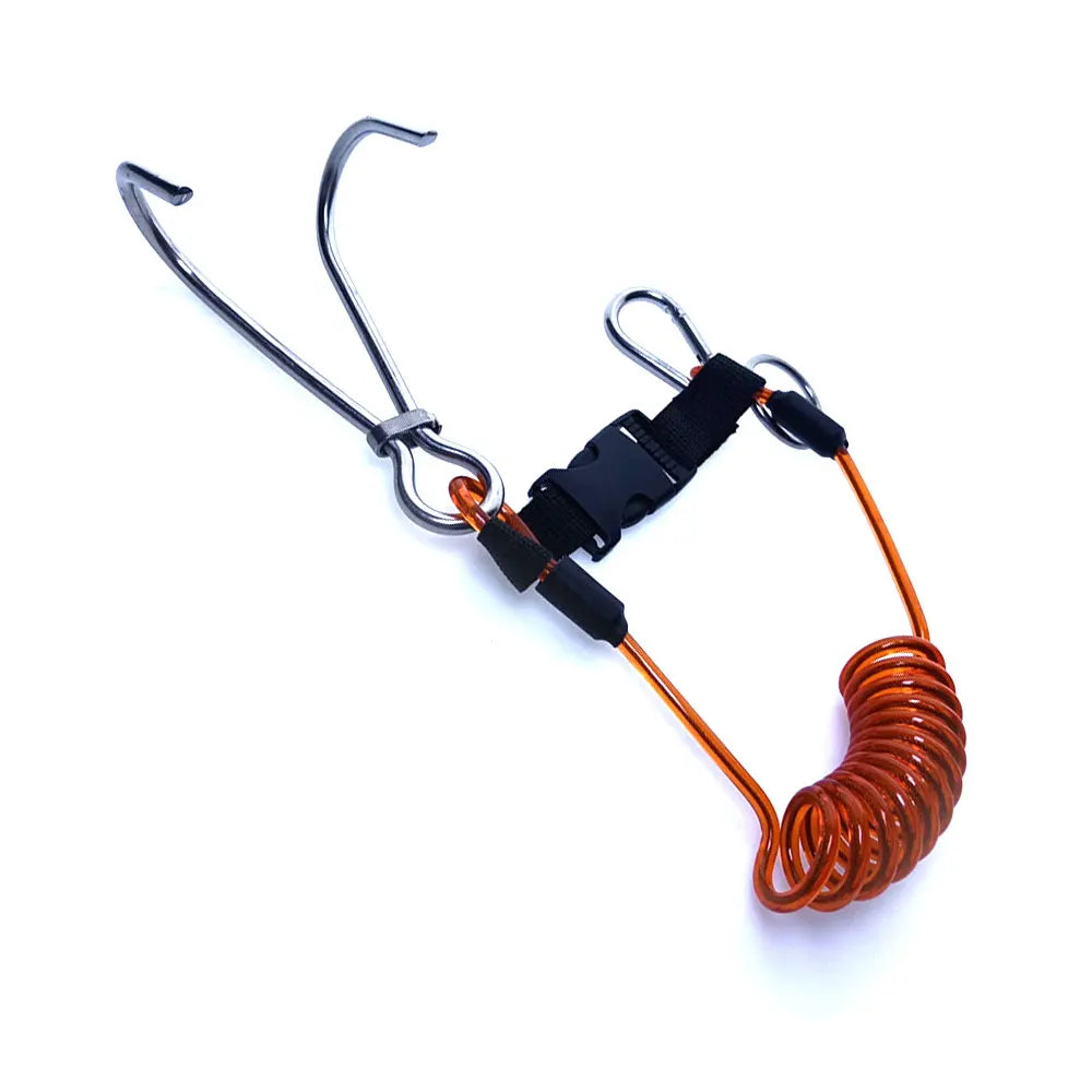 316SS Reef Drift Hook Spring Anti-Lost Rope Double End Diving Hook with Spiral Coil Lanyard Scuba Current Reef Hook