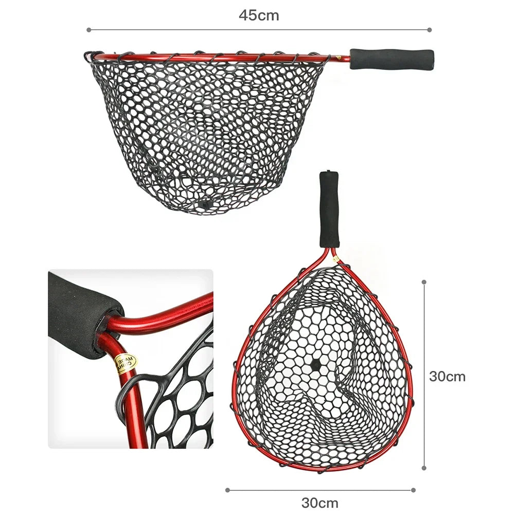 Fishing Net Soft Silicone Fish Landing Net Aluminium Alloy Pole EVA Handle with Elastic Strap and Carabiner Fishing Nets Tools