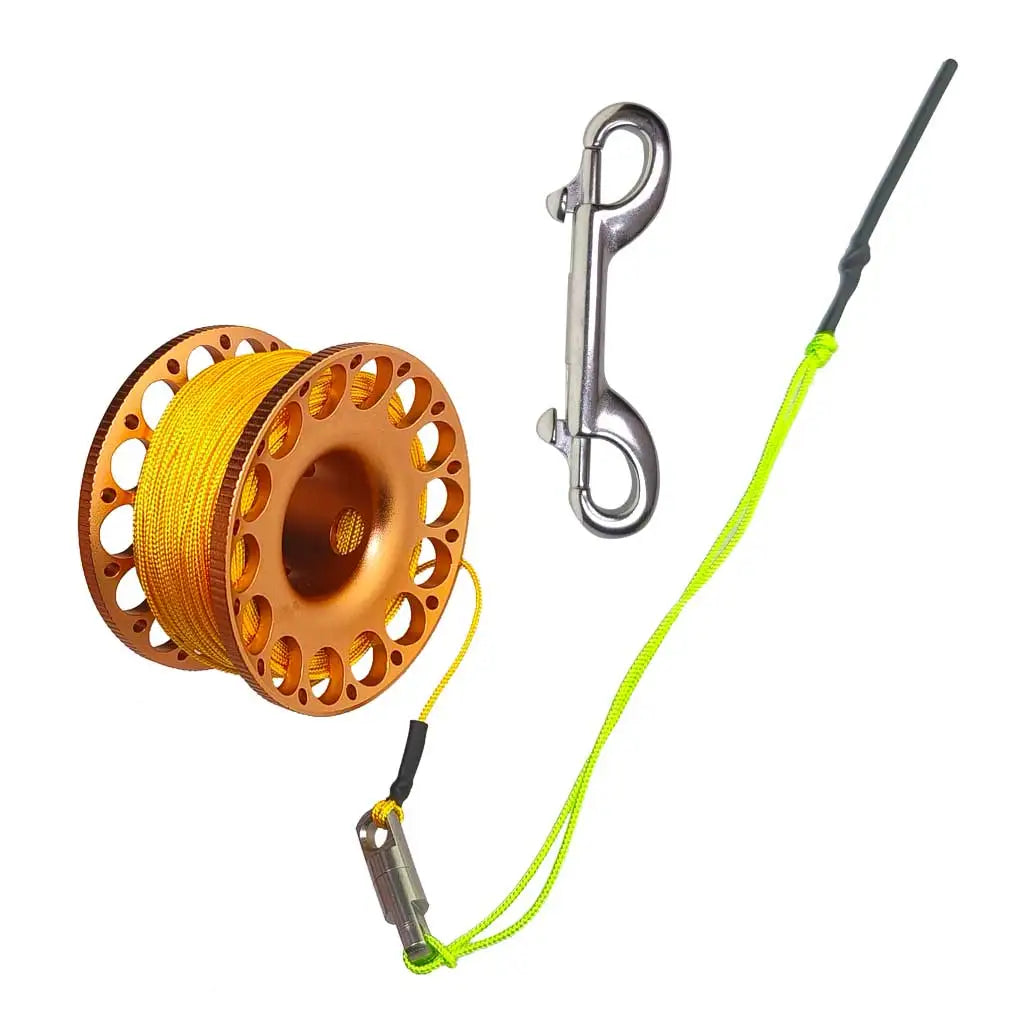 Scuba Diving Reel Aluminum Alloy Wreck Cave Finger Spool with 30m/100ft High Visibility  Line and Double-Ended Bolt Snap Clip