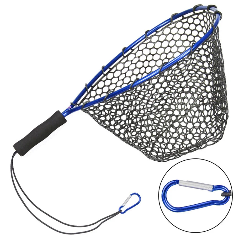 Fishing Net Soft Silicone Fish Landing Net Aluminium Alloy Pole EVA Handle with Elastic Strap and Carabiner Fishing Nets Tools