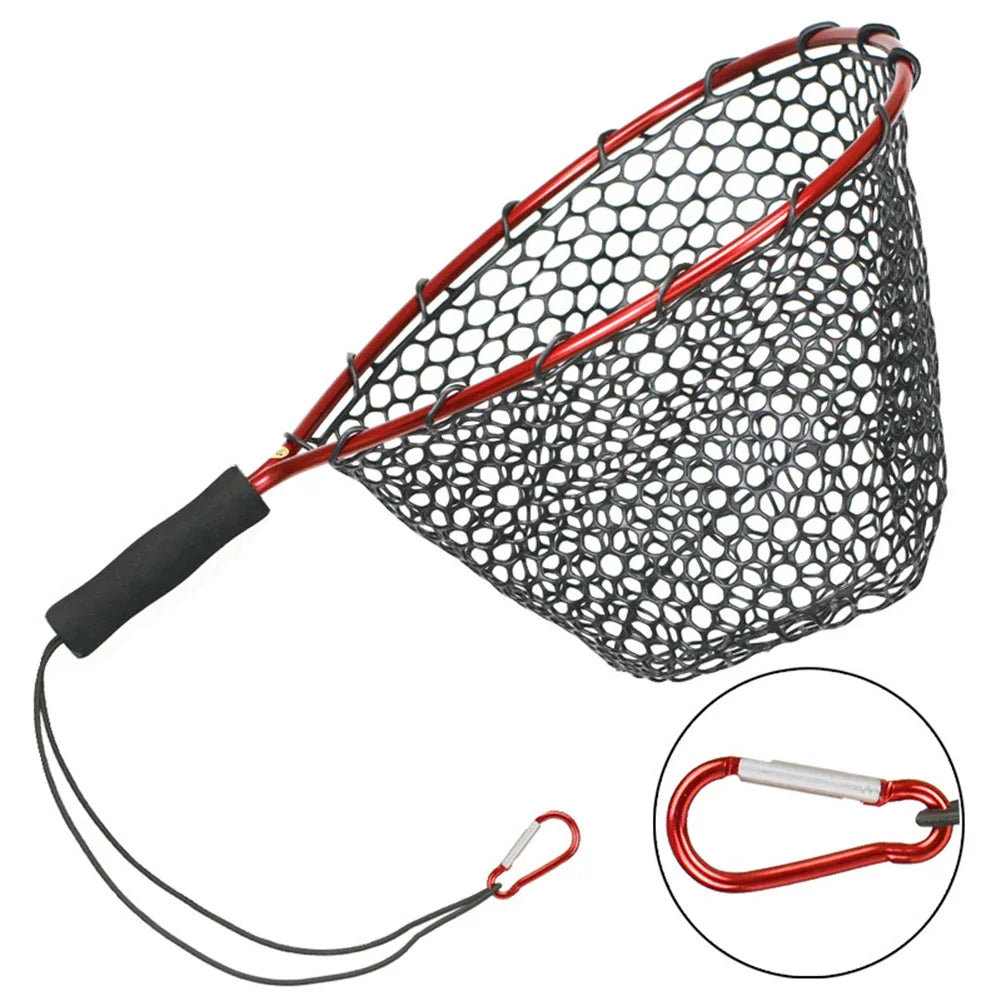 Fishing Net Soft Silicone Fish Landing Net Aluminium Alloy Pole EVA Handle with Elastic Strap and Carabiner Fishing Nets Tools