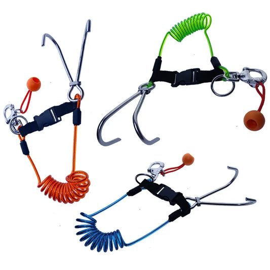 316SS Quick Releash Scuba Diving Double Drift Hook with Spiral Coil Lanyard Tech Cave Diving Current Reef Hook Diver Safety Gear
